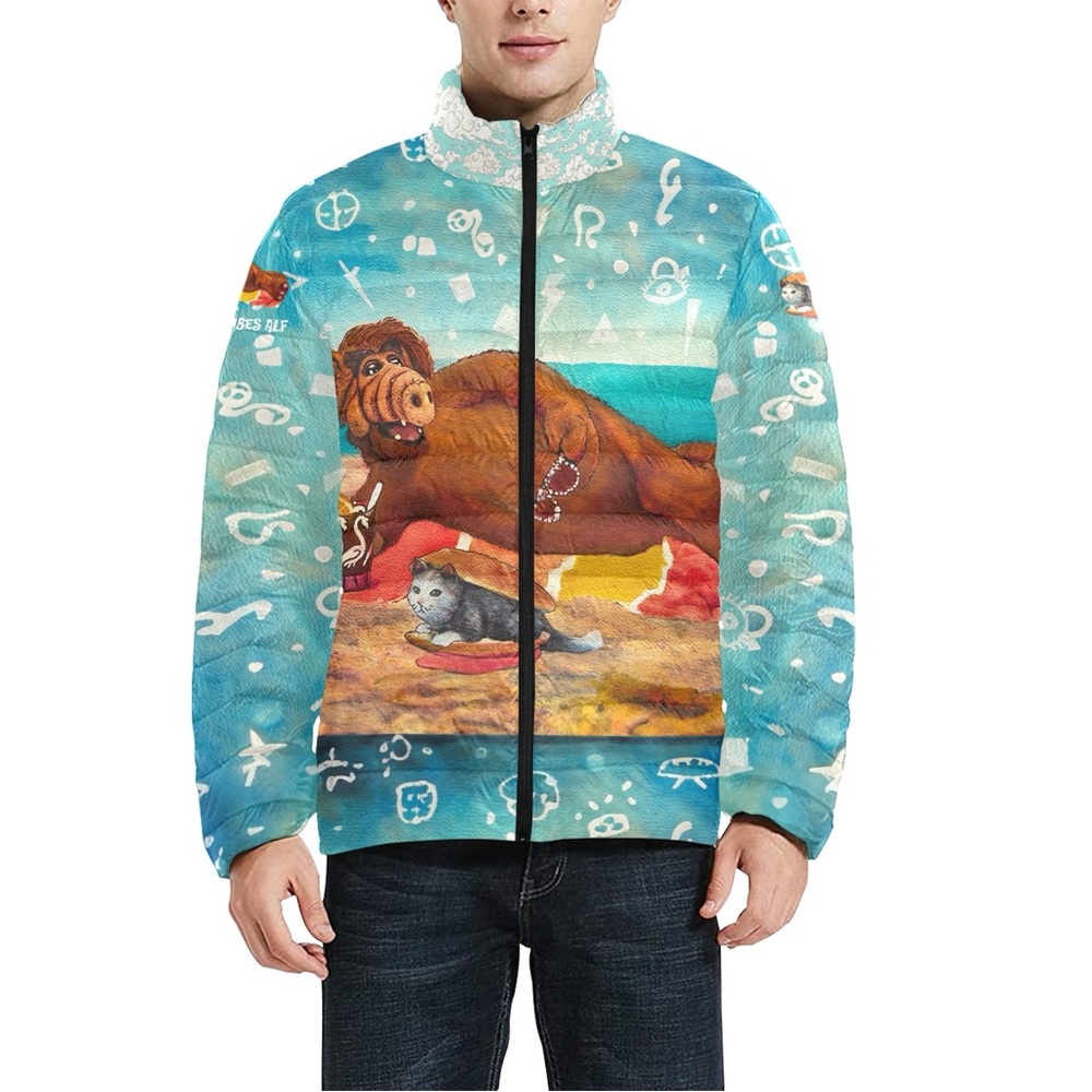Vacation Vibes ALF (with Cat Sandwich) Retro Puffer - Alien Life Form Art Jacket